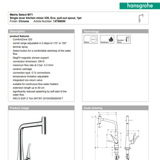 HANSGROHE 14786000 SINGLE LEVER KITCHEN MIXER 320, ECO, PULL-OUT SPOUT, 1 JET 