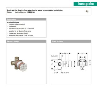 HANSGROHE 15930180 BASIC SET FOR QUATTRO FOUR-WAY DIVERTER VALVE FOR CONCEALED INSTALLATION