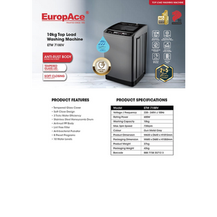 EUROPACE ETW 7100V 10KG GUN METAL / CHAMPAGNE GOLD TOP LOAD WASHING MACHINE