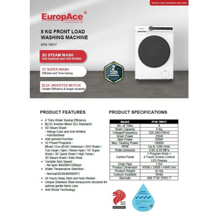 EUROPACE EFW 7801Y (EFW7801Y) 8KG WHITE INVERTER FRONT LOAD WASHING MACHINE WITH 3D STEAM WASH