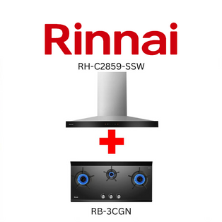 RINNAI RH-C2859-SSW 90CM CHIMNEY HOOD + RINNAI RB-3CGN 3 BURNER INNER FLAME GLASS GAS HOB