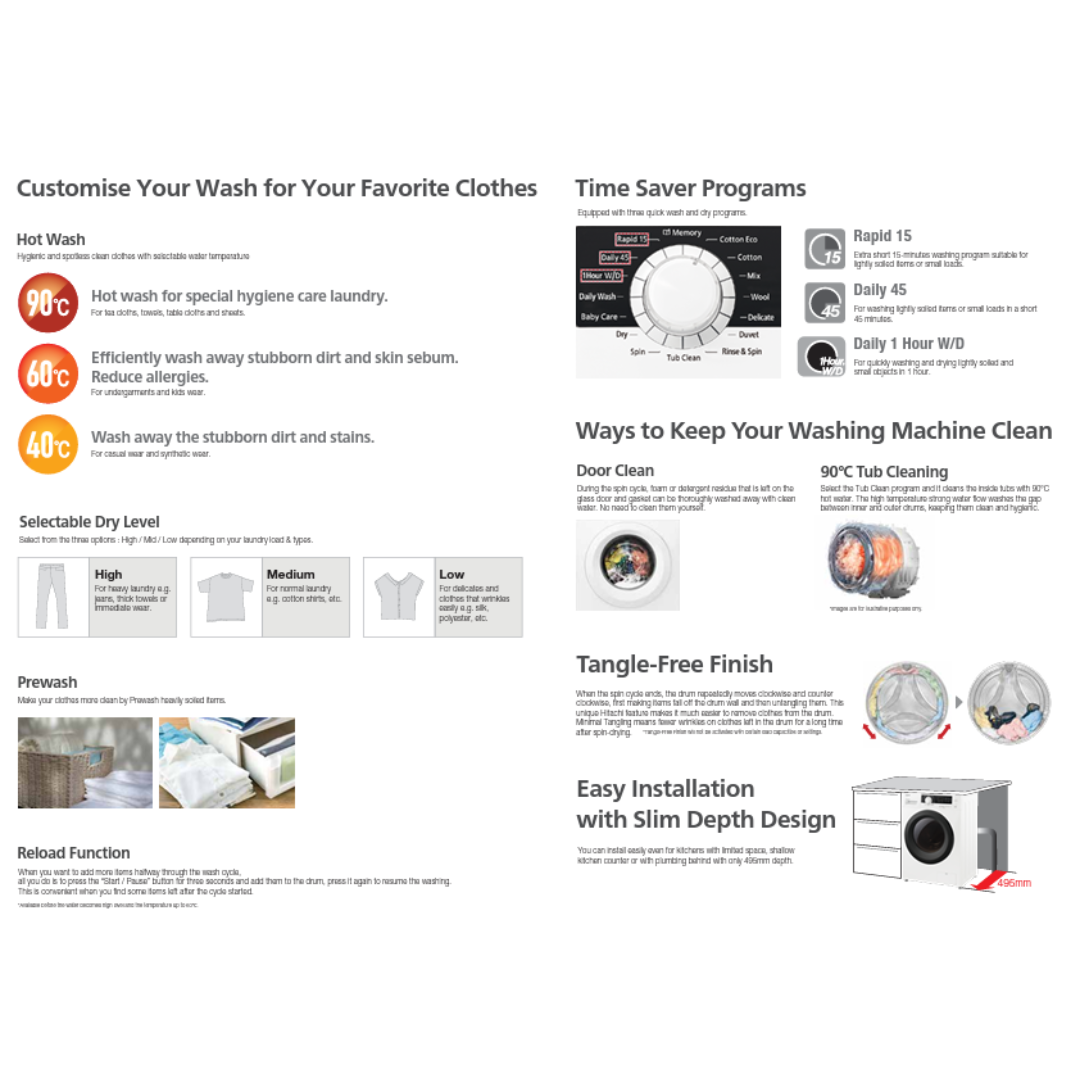 HITACHI BDD80CVE 8/6KG WHITE FRONT LOAD WASHER CUM DRYER Asia Excel