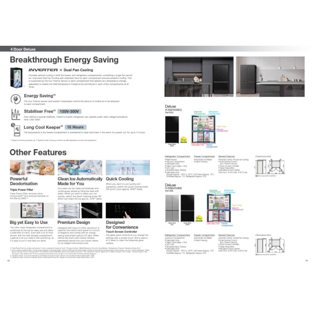 HITACHI RWB640V0MS 569L GLASS BLACK/SILVER FRENCH BOTTOM FREEZER