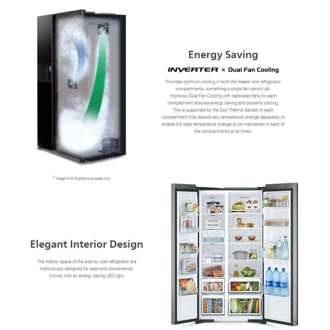 HITACHI RS700PMS0 595L GLASS BLACK/GLASS SILVER SIDE BY SIDE