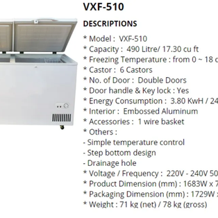 VALENTI VXF-510 (VXF510) 490L CHEST FREEZER