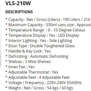 VALENTI VLS-210W (VLS210W) 210L CHILLER SHOWCASE WITH LED DISPLAY