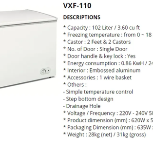 VALENTI VXF-110 (VXF110) 110L CHEST FREEZER