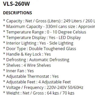 VALENTI VLS260W 260L CHILLER SHOWCASE WITH LED DISPLAY