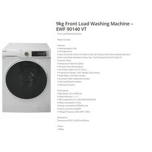ELBA EWF 90140 VT 9KG WHITE FRONT LOAD INVERTER WASHING MACHINE
