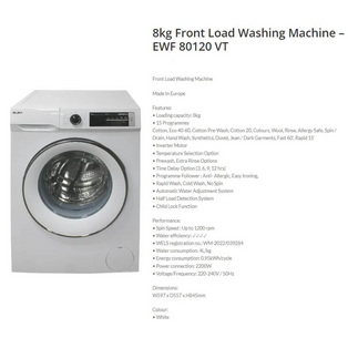 ELBA EWF 80120 VT 8KG WHITE FRONT LOAD INVERTER WASHING MACHINE