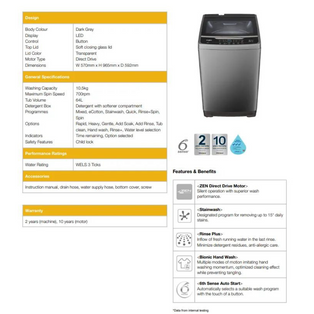 WHIRLPOOL VWVD10512FGG 10.5KG STAINCLEAN DIRECT DRIVE TOP LOAD WASHING MACHINE