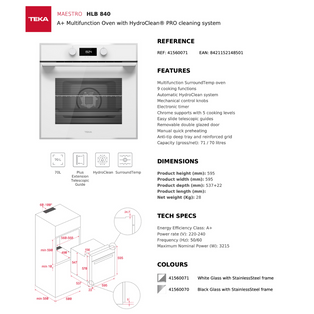 TEKA HLB 840 WHITE 70L MULTIFUNCTION SURROUNDTEMP BUILT-IN OVEN WITH HYDROCLEAN SYSTEM