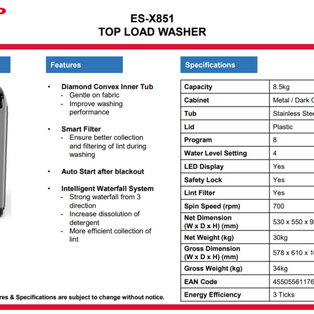 SHARP ES-X851 8.5KG TOP LOAD WASHING MACHINE