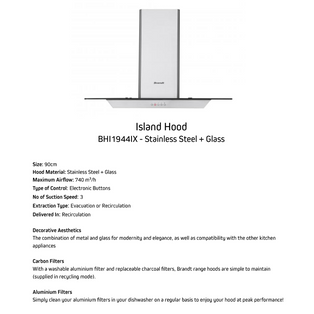 BRANDT BHI1944IX 90CM ISLAND HOOD WITH GLASS WING