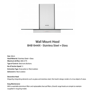 BRANDT BHB1944IX 90CM CHIMNEY HOOD WITH GLASS WING