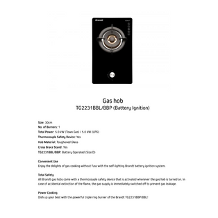 BRANDT TG2231BBL/BBP 1 BURNER GAS HOB (BATTERY) DOMINO GAS HOB