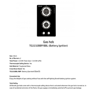 BRANDT TG2232BBP/BBL 2 BURNER DOMINO GAS HOB (BATTERY)