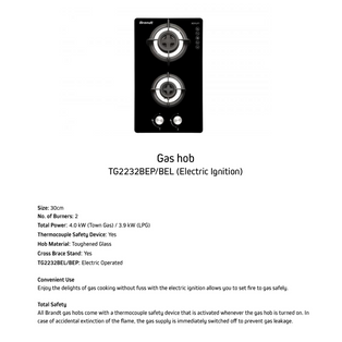 BRANDT TG2232BEP/BEL 2 BURNER DOMINO GAS HOB (ELECTRIC)