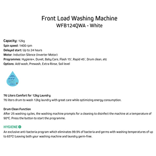 BRANDT WFB124QWA 12KG WHITE INVERTER FRONT LOAD WASHING MACHINE