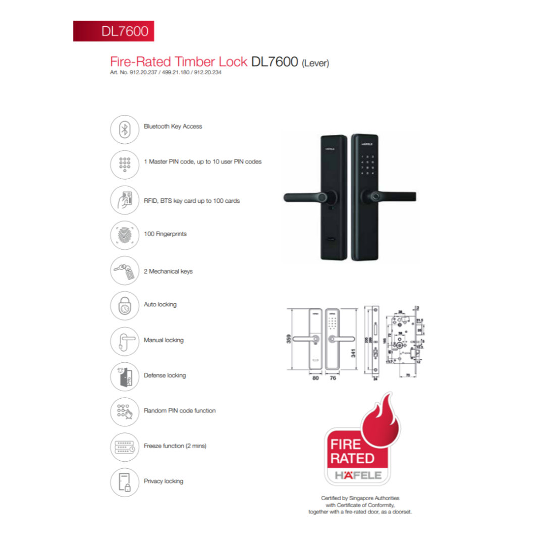 HAFELE DL7600 FIRE RATED LEVER TIMBER DIGITAL DOOR LOCK
