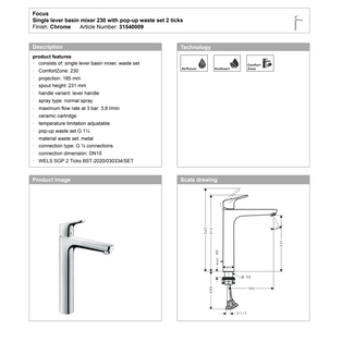 HANSGROHE 31540009 Focus Single lever basin mixer 230 with pop-up waste set 2 ticks