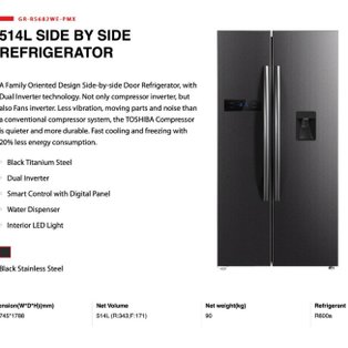 TOSHIBA GR-RS682WE-PMX 514L BLACK SIDE BY SIDE REFRIGERATOR