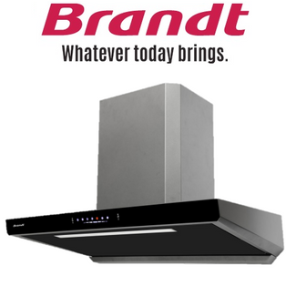 BRANDT BHB2490GM 90CM GUN METAL CHIMNEY HOOD WITH BLACK GLASS CONTROL PANEL AND SELF CLEANING