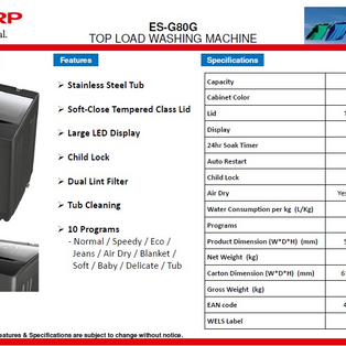 SHARP ES-G80G | ES-G80G2 8KG 3 TICK / 4 TICK DARK GREY TOP LOAD WASHING MACHINE