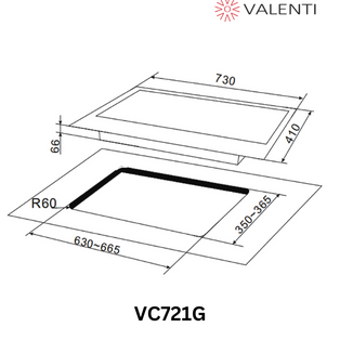 VALENTI VC721G 73CM 2 BURNER BLACK TEMPERED GLASS GAS HOB WITH SAFETY DEVICE