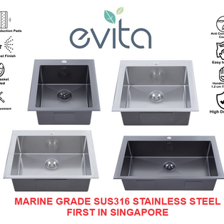 EVITA 48/58/68/78/88CM SUS316 MARINE GRADE HONEYCOMB SERIES BRILLIANT SILVER / GUN METAL SINGLE BOWL TOP MOUNT KITCHEN SINK