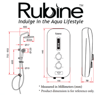 RUBINE RWH-2388WHP WHITE INSTANT WATER HEATER WITH RAINSHOWER SET AND BOOSTER PUMP
