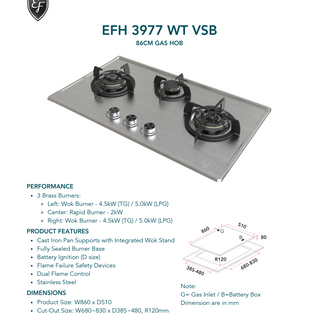 EF EFH 3977 WT VSB 86CM 3 BURNER STAINLESS STEEL BUILT IN GAS HOB