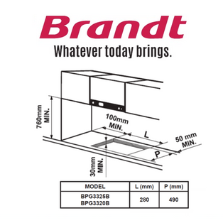 BRANDT BPG3320B 30CM 2 BURNER BUILT IN GLASS GAS HOB