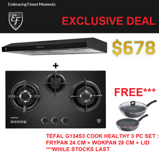 EF EFCH 9108T BK 90CM SLIM HOOD + EFH 7630 TN VGB 3 BURNER GLASS HOB