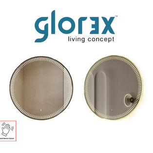 GLOREX A282 80CM BLACK / GOLD ROUND SLANTED PROFILE LED DOTTED DESIGN ALUMINIUM FRAME MIRROR WITH HAND MOTION SENSOR