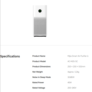 XIAOMI AC-M25-SC SMART AIR PURIFIER 6 MIJIA ANTI-BACTERIAL AND ANTI-VIRAL AIR PURIFIER